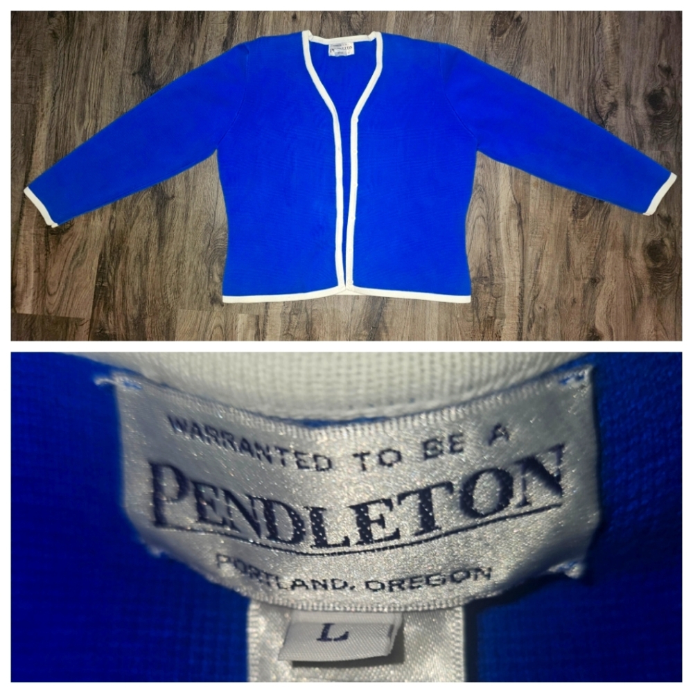 PENDLETON Cardigan Blue with white trim button down 100% cotton Large